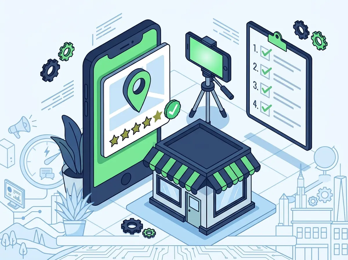 Illustration of a phone showing a verified Google Business Profile listing with a map pin, star rating, and setup checklist