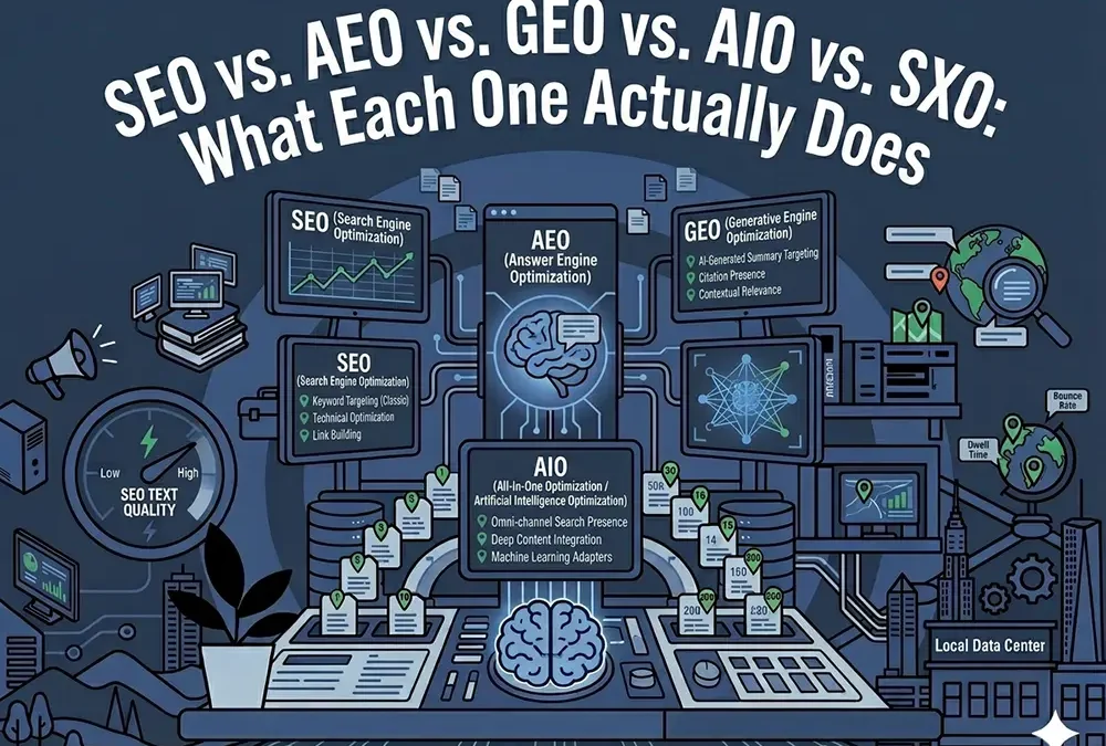 SEO vs. AEO vs. GEO vs. AIO vs. SXO: What Each One Actually Does