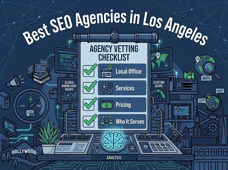 Illustration of an agency vetting checklist in front of a Los Angeles skyline