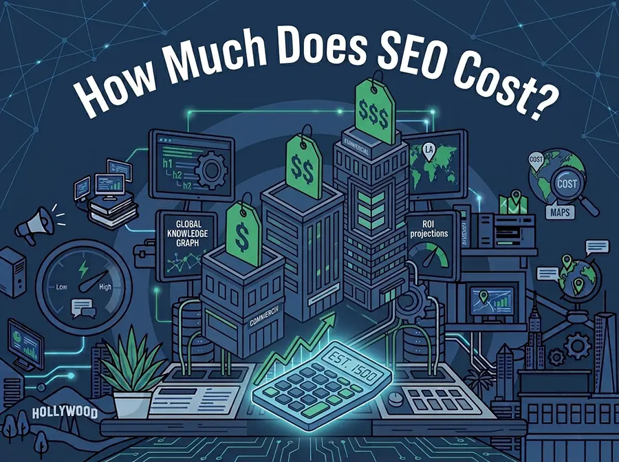 Isometric illustration of three buildings with $, $$, and $$$ price tags showing SEO pricing tiers, with a calculator and growth chart in the foreground